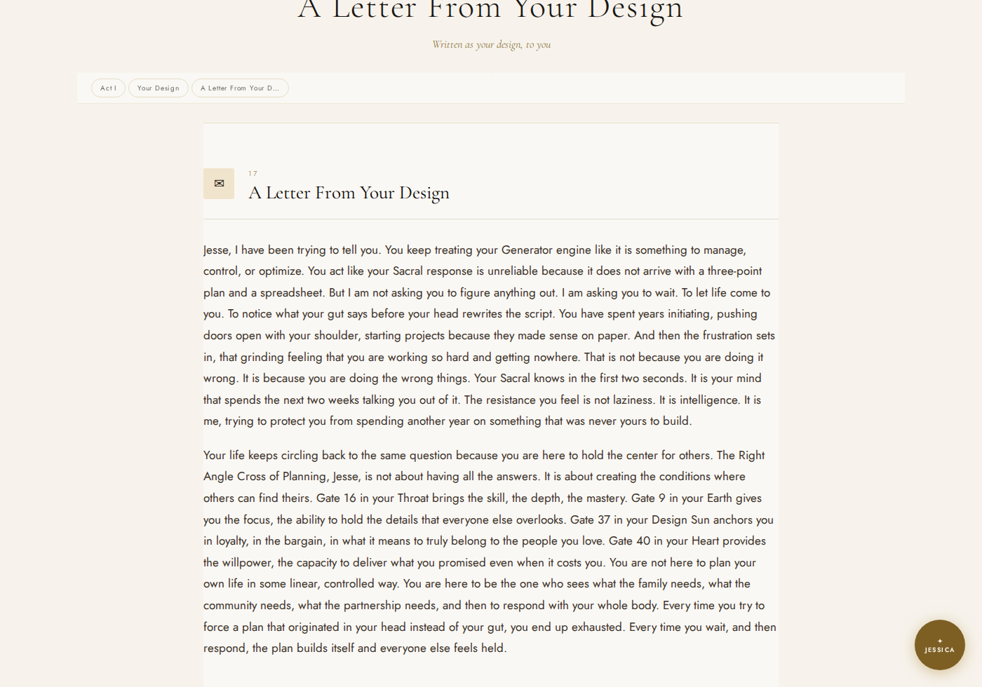 Section 17, A Letter From Your Design, open in the dashboard and addressed to the reader by name.