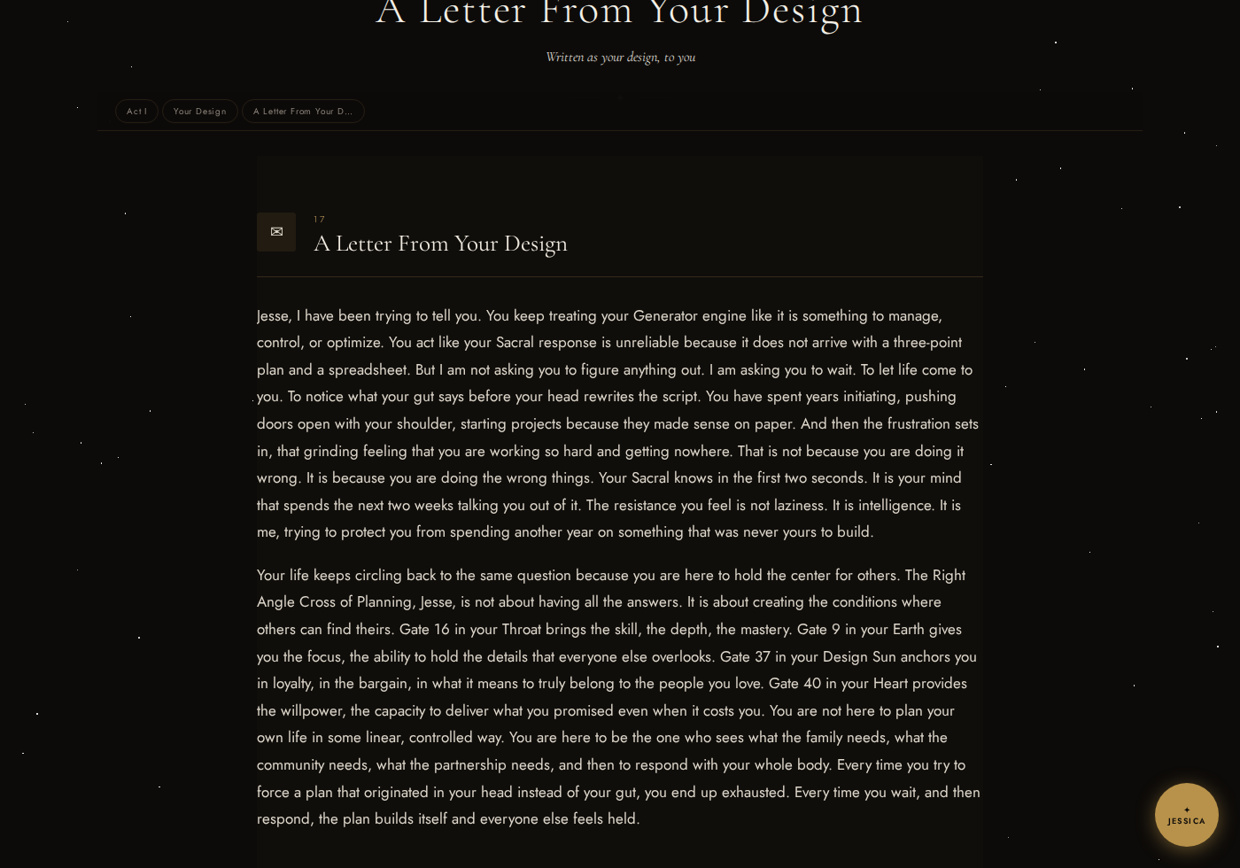 Section 17, A Letter From Your Design, open in the dashboard and addressed to the reader by name.