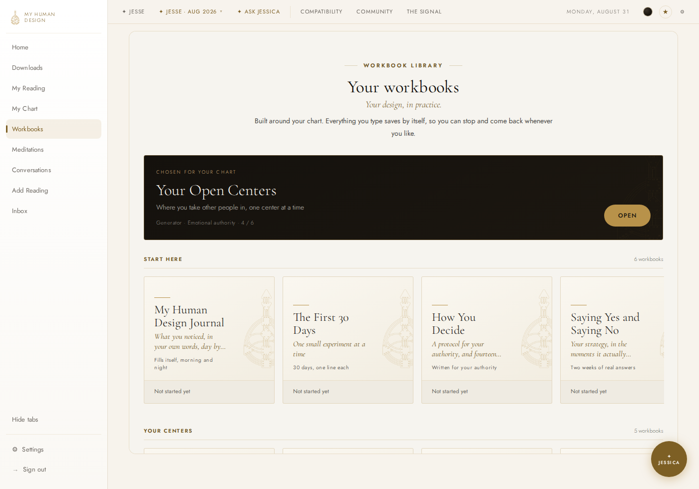 The workbook library in the dashboard: a Chosen For Your Chart banner over shelves called Start Here and Your Centers, with cards for the journal, the first 30 days, how you decide, and saying yes and no.