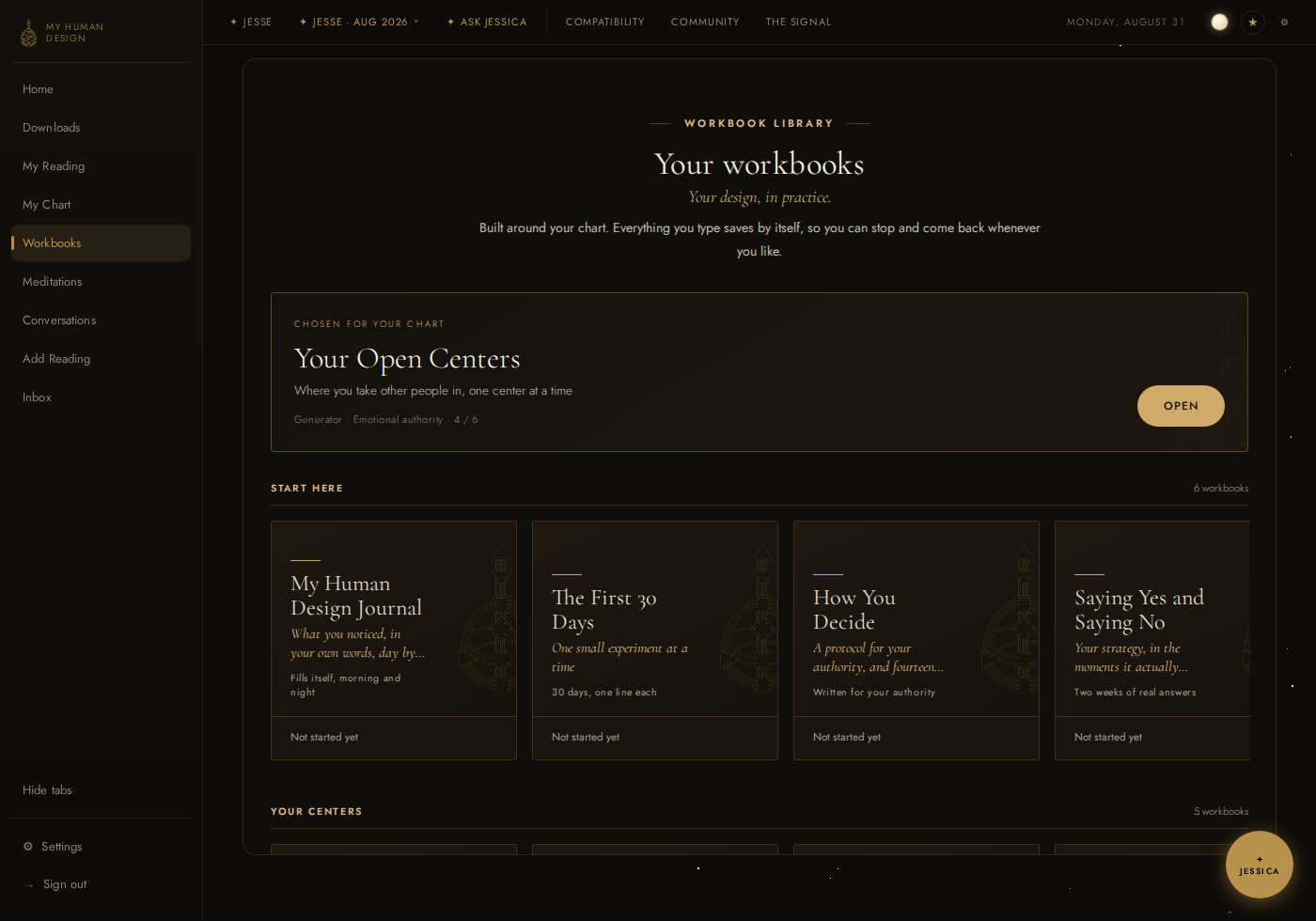 The workbook library in the dashboard: a Chosen For Your Chart banner over shelves called Start Here and Your Centers, with cards for the journal, the first 30 days, how you decide, and saying yes and no.